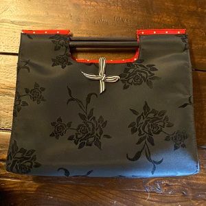 Cute Victoria’s Secret Bag - Black w/Raised Roses/Red Interior/Wooden Handles